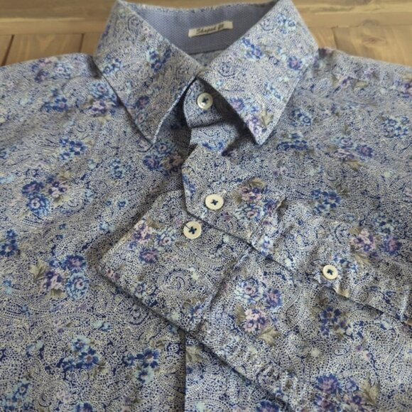 Bugatchi Men’s Blue Paisley Floral Long Sleeve Button up Shirt - Picture 4 of 14